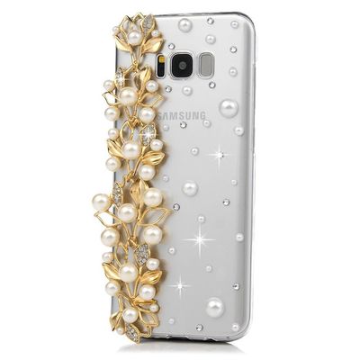 STENES Bling Phone Case Compatible with Galaxy S8 Active Case - 3D Handmade Luxury Crystal Pearl Leaf Sparkle Rhinestone Design Cover Bling Case Compatible with Samsung Galaxy S8 Active - Gold