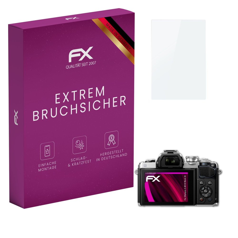 atFoliX Plastic Glass Protective Film compatible with Olympus E-M10 Mark III, 9H Hybrid-Glass FX Screen Protector