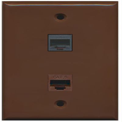RiteAV - 1 RJ11 RJ12 Black Phone Port and 1 Cat6 Ethernet Port Wall Plate - Brown - Bracket Included