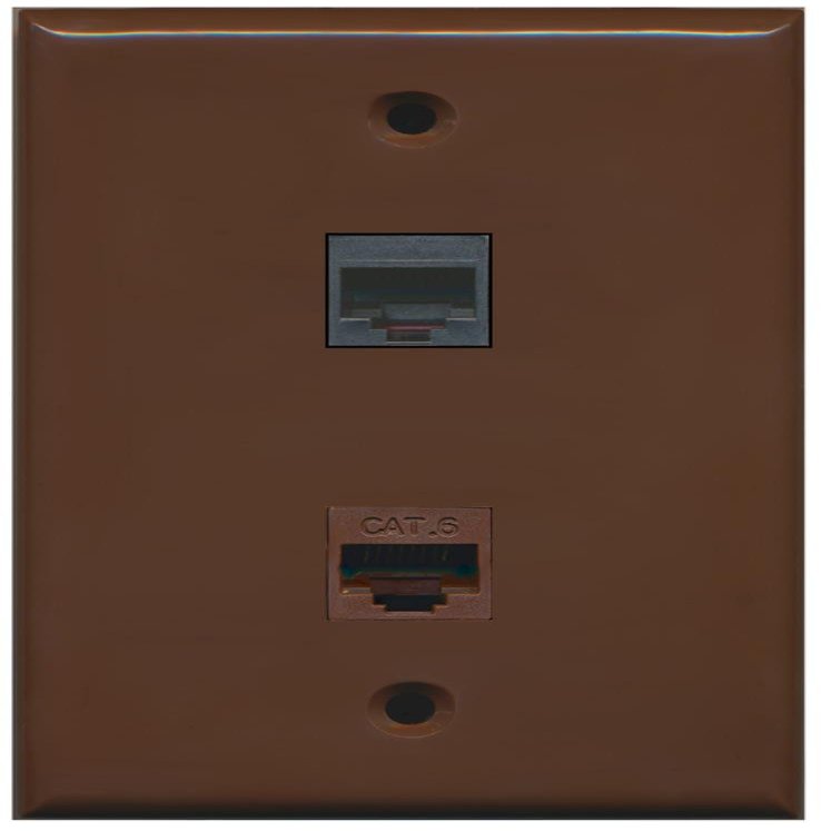 RiteAV - 1 RJ11 RJ12 Black Phone Port and 1 Cat6 Ethernet Port Wall Plate - Brown - Bracket Included