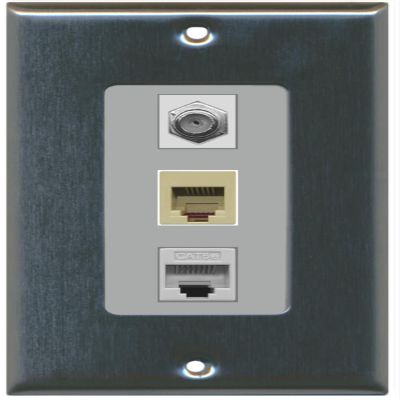 RiteAV - 1 Port Coax Cable TV- F-Type Phone RJ11 RJ12 and 1 Port Cat5e Ethernet Decorative Wall Plate - Stainless Steel/Gray - Bracket Included
