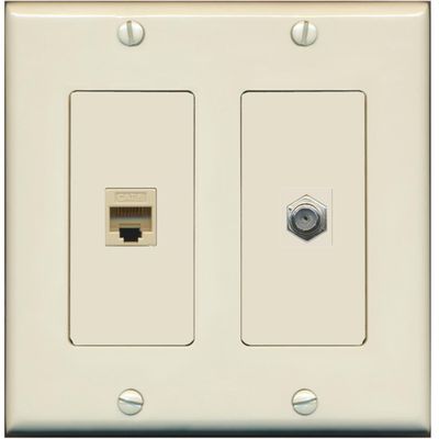 RiteAV - 1 Port Coax Cable TV- F-Type 1 Port Cat6 Ethernet Dual Gang Wall Plate - Light Almond
