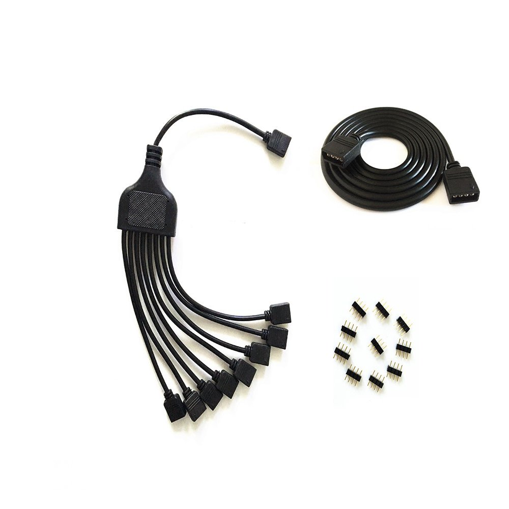 4 Pins black rgb LED Splitter Cable LED Strip Connector 8 Way Splitter Y Splitter for One to Eight RGB 5050 3528 LED Light Strips with,1m rgb wire10x male to male 4pin plugs