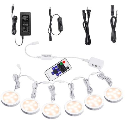 AIBOO Linkable Under Cabinet LED Lighting 12V Dimmable Puck Lights with Wireless RF Remote Control, Hardwired & Wall Plug in for Counter Lighting(6 Lights, Warm White)