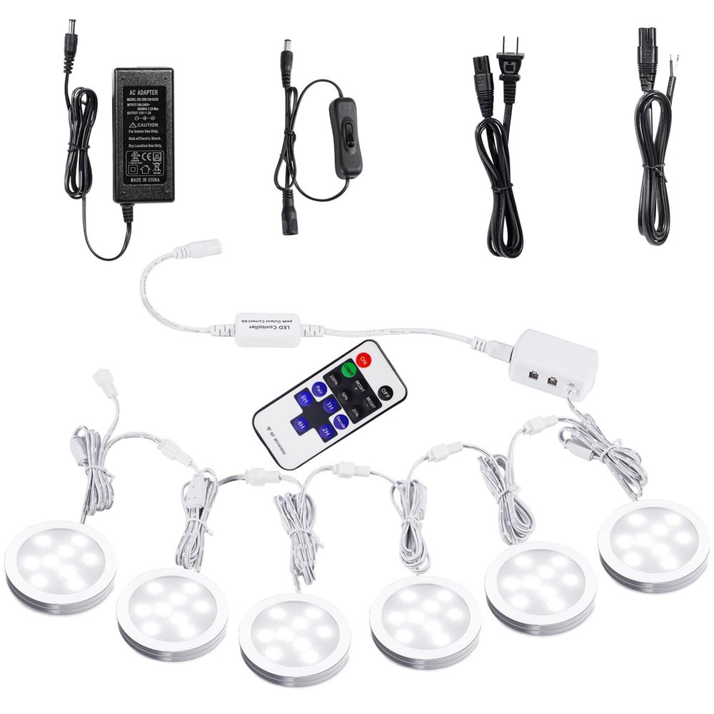 AIBOO Linkable Under Cabinet LED Lighting 12V Dimmable Puck Lights with Wireless RF Remote Control, Hardwired & Wall Plug in for Counter Lighting(6 Lights, Daylight White)