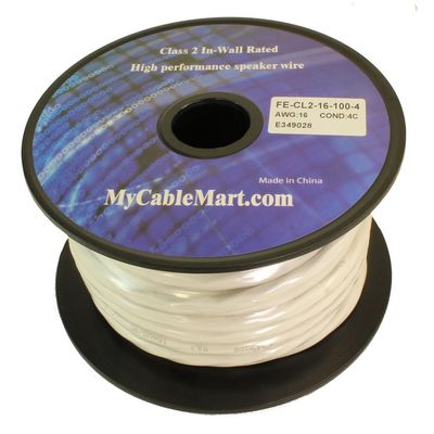 My Cable Mart 100ft Speaker Wire, 16AWG/4 Wire Copper in Wall Rated/CL2 with PVC Outer