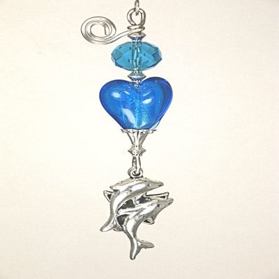 Silvery Dolphins and Starfish Blue Heart Glass Ceiling Fan Pull