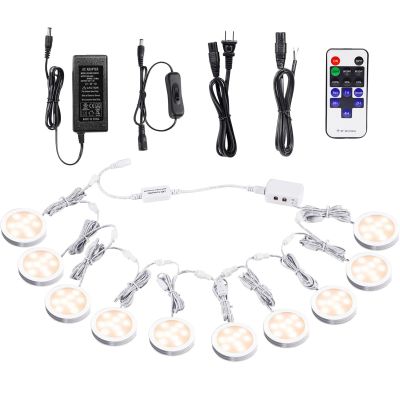 AIBOO Linkable Under Cabinet LED Lighting 12V Dimmable Puck Lights with Wireless RF Remote Control, Hardwired & Wall Plug in for Furniture Cupboard Lighting(10 Lights, Warm White)