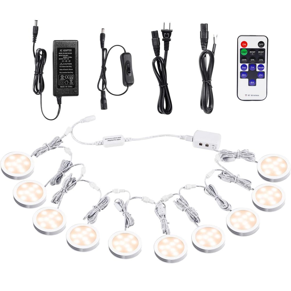 AIBOO Linkable Under Cabinet LED Lighting 12V Dimmable Puck Lights with Wireless RF Remote Control, Hardwired & Wall Plug in for Furniture Cupboard Lighting(10 Lights, Warm White)