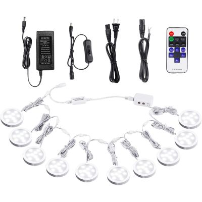 AIBOO Linkable Under Cabinet LED Lighting 12V Dimmable Puck Lights with Wireless RF Remote Control, Hardwired & Wall Plug in for Display Lighting(10 Lights, Daylight White)