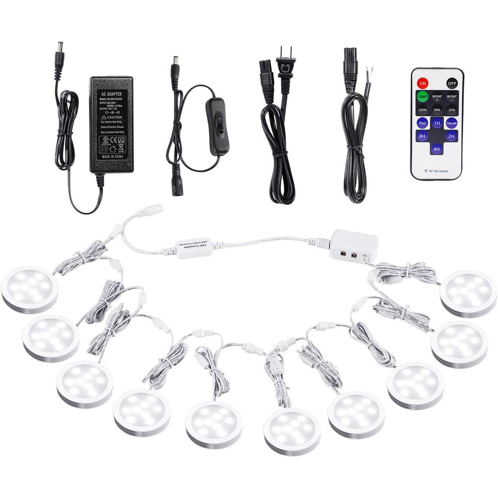 AIBOO Linkable Under Cabinet LED Lighting 12V Dimmable Puck Lights with Wireless RF Remote Control, Hardwired & Wall Plug in for Display Lighting(10 Lights, Daylight White)