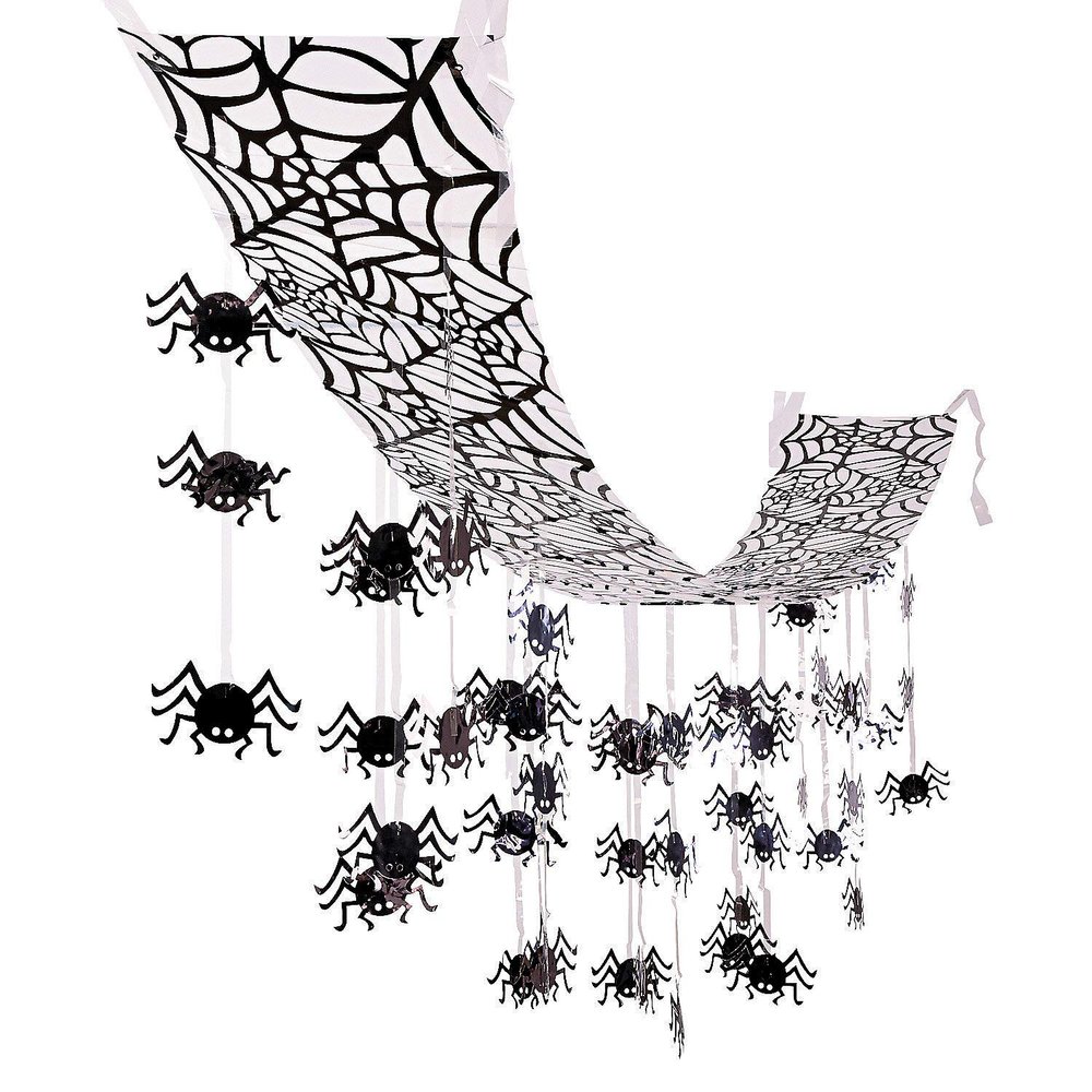 Fun Express Giant 12 Ft x 12" Hanging Black Spider Web Ceiling Halloween Decorations - Premium Indoor & Outdoor Scary Decor for Haunted House, Party, Office & Classroom | Reusable Design