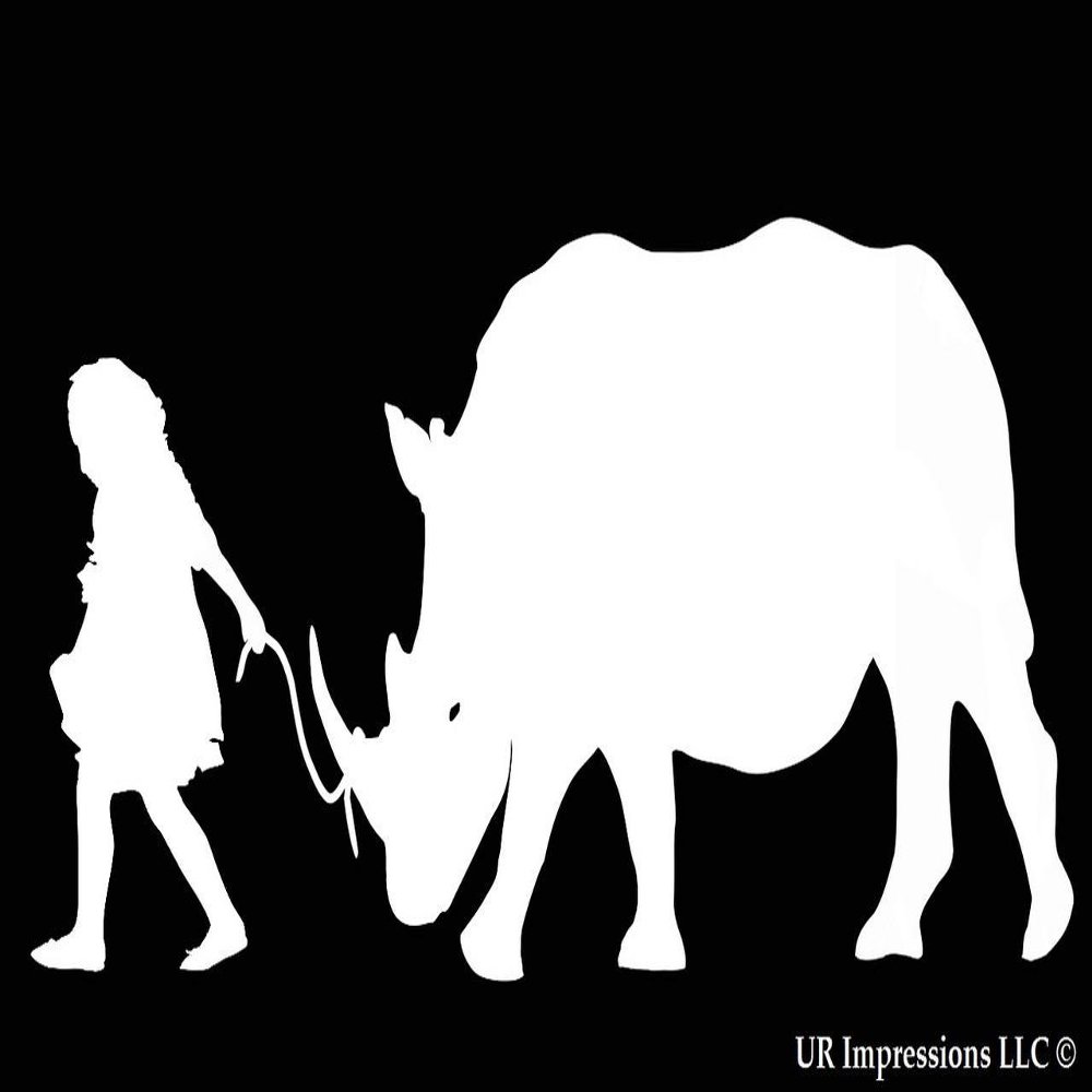 Girl Walking Rhinoceros Decal Vinyl Sticker|Cars Trucks Walls Laptop|White|7.5 X 3.8 in|URI453