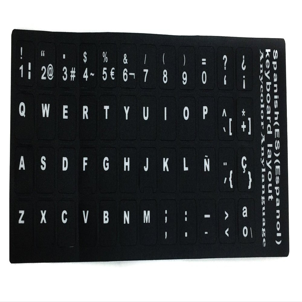 4PCS Self-Adhesive Waterproof Replacement Computer Laptop Keyboard Stickers White Lettering with Non Transparent Black Background (Spanish Keyboard Stickers)