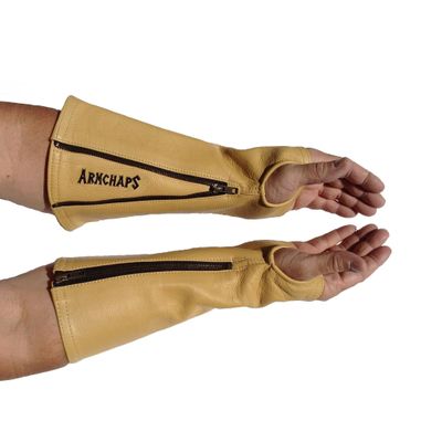 Arm Chaps Leather Protective Sleeves Arm Guard - Prevent Cuts, Scratches & Bruises - Genuine Cowhide - Ideal for Gardening & Construction - Left & Right Form-Fitting. Tan (1 Pair/Small).