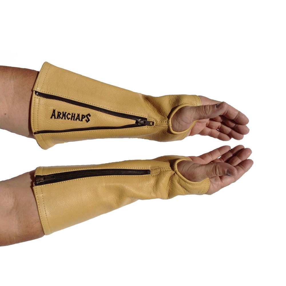 Arm Chaps Leather Protective Sleeves Arm Guard - Prevent Cuts, Scratches & Bruises - Genuine Cowhide - Ideal for Gardening & Construction - Left & Right Form-Fitting. Tan (1 Pair/Medium).