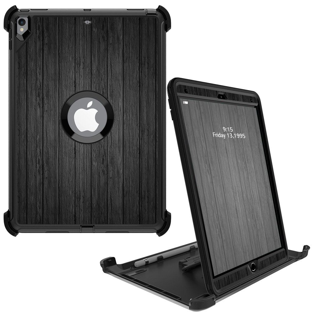 MightySkins Skin Compatible with OtterBox Defender Apple iPad Pro 10.5"(2017) - Black Wood | Protective, Durable, and Unique Vinyl wrap Cover | Easy to Apply, Remove | Made in The USA
