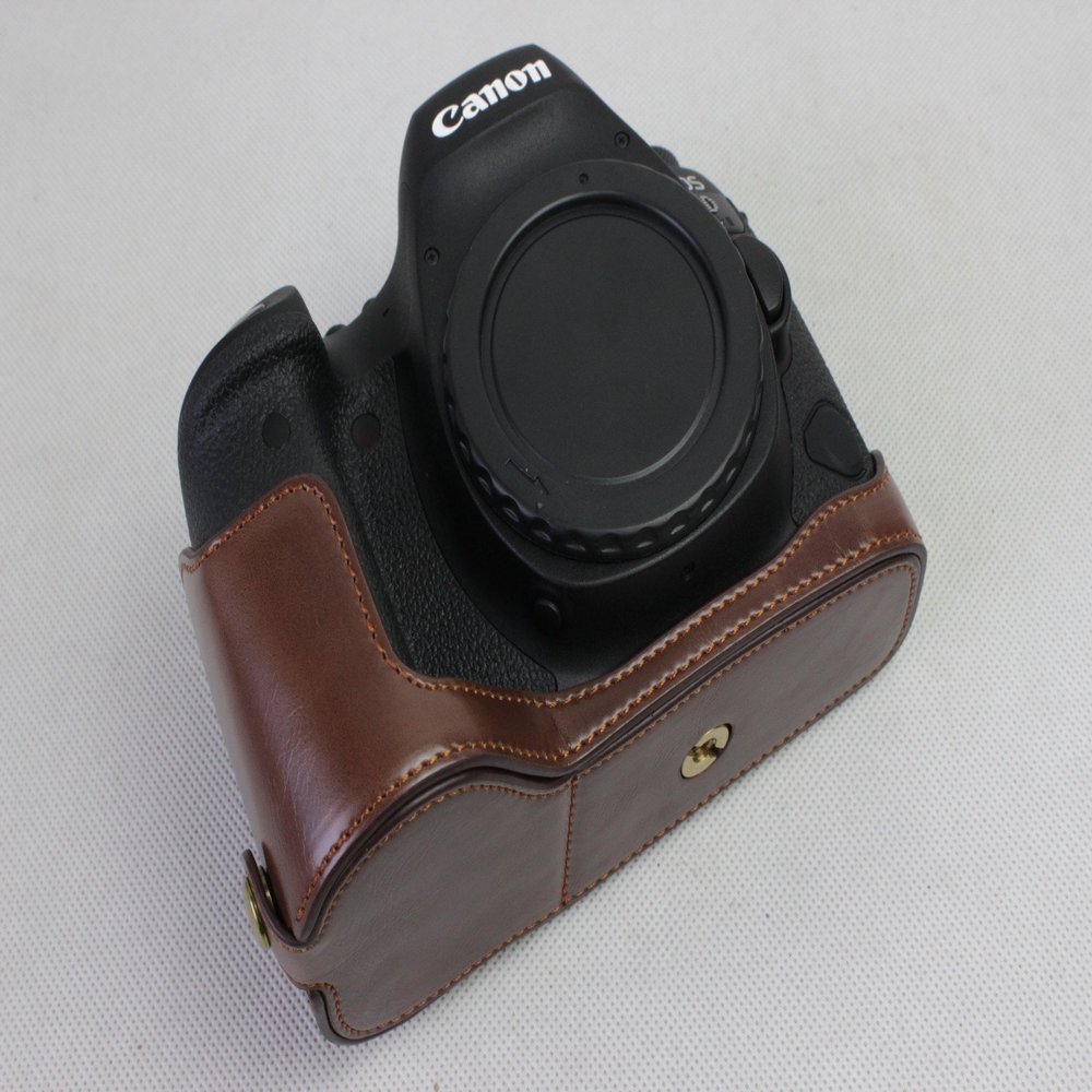 6D Mark II Leather Case, BolinUS Handmade PU Leather Half Camera Case Bag Cover Bottom Opening Version for Canon EOS 6D Mark II With Hand Strap - Coffee