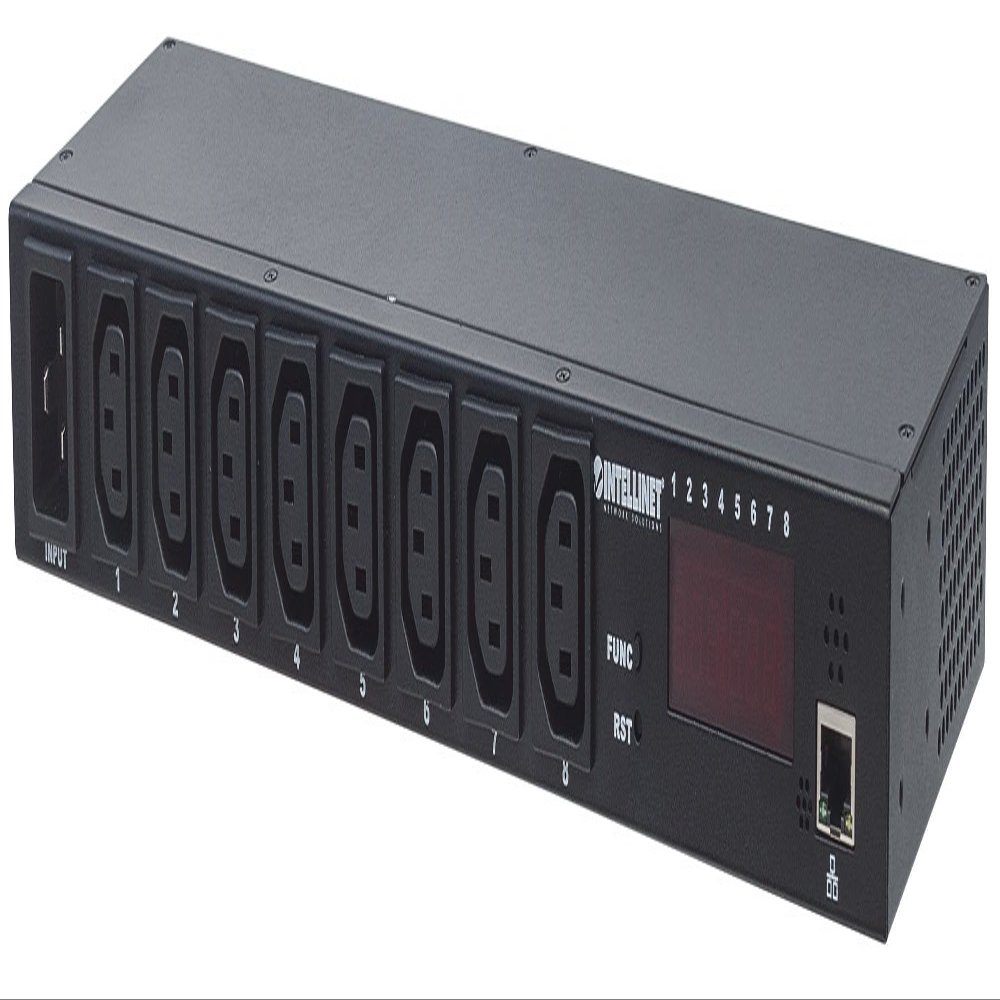 Intellinet 19 inch Intelligent 8-Port PDU Power Distribution Unit, Rackmountable, Monitors Power Temperature Humidity, Digital Display 3 Yr Mfg Warranty 163682