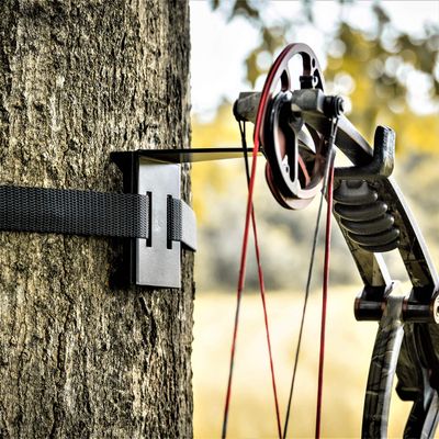 BWD Bow Hanger - ON Your Tree Faster Than Your Old Screw-in - Legal on All State and Federal Lands - 500 LB Rated Ratchet Strap and Heat Treated Steel - Black