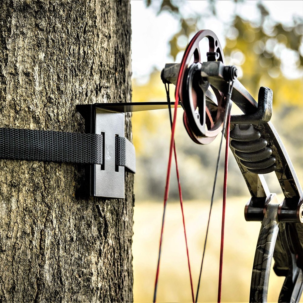 BWD Bow Hanger - ON Your Tree Faster Than Your Old Screw-in - Legal on All State and Federal Lands - 500 LB Rated Ratchet Strap and Heat Treated Steel - Black