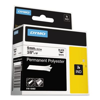 Rhino Permanent Poly Industrial Label Tape, 3/8" x 18 ft, White/Black Print