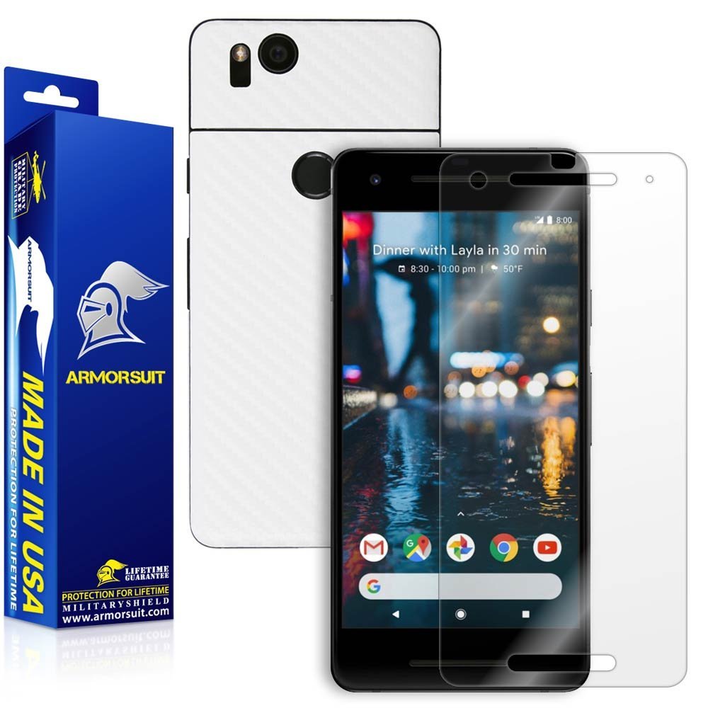 Armorsuit MilitaryShield White Carbon Fiber Skin Wrap Film + HD Clear Screen Protector for Google Pixel 2 - Anti-Bubble Film