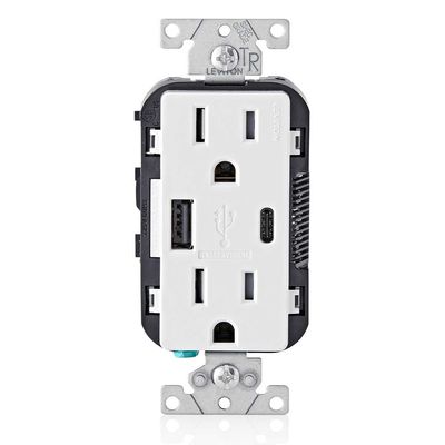 Leviton Type A & Type-C USB In-Wall Charger with 15A Tamper-Resistant Outlet, USB Charger for Smartphones and Tablets, Not for Laptops, T5633-W, White