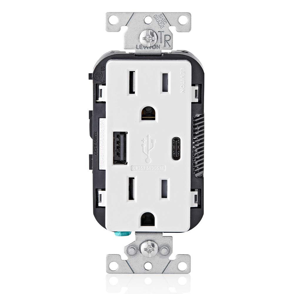 Leviton Type A & Type-C USB In-Wall Charger with 15A Tamper-Resistant Outlet, USB Charger for Smartphones and Tablets, Not for Laptops, T5633-W, White