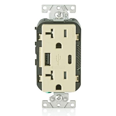 Leviton Type A & Type-C USB In-Wall Charger with 20A Tamper-Resistant Outlet, USB Charger for Smartphones and Tablets. Not for Laptops, T5833-I, Ivory