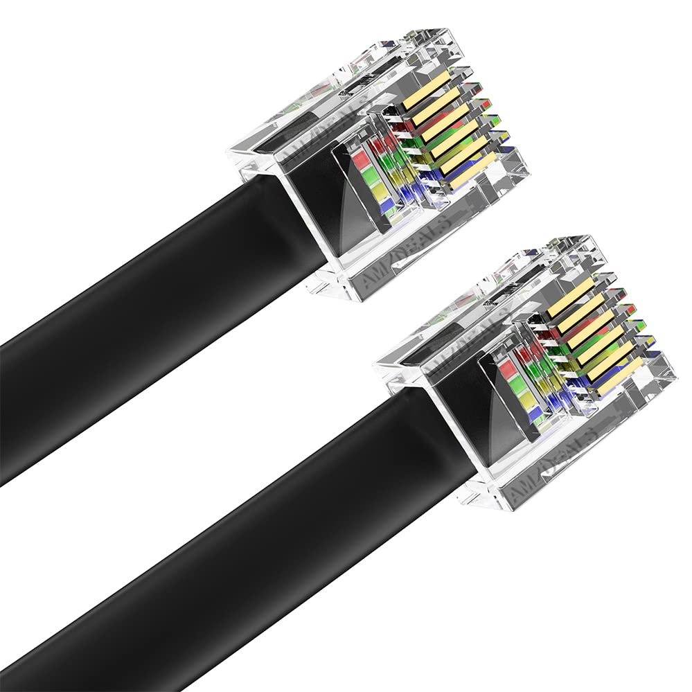 AmzDeals 2-Pack 5 Feet Black RJ12 6P6C Straight Wired Cable, Pro Grade Data and Voice Phone Line Cord - Made in USA