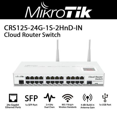 MikroTik CRS125-24G-1S-2HnD-IN, 4dBi, 30dBm, 600MHz, 128MB, 2. 4GHz, 24xGigabit, SFP, LCD, microUSB, L5