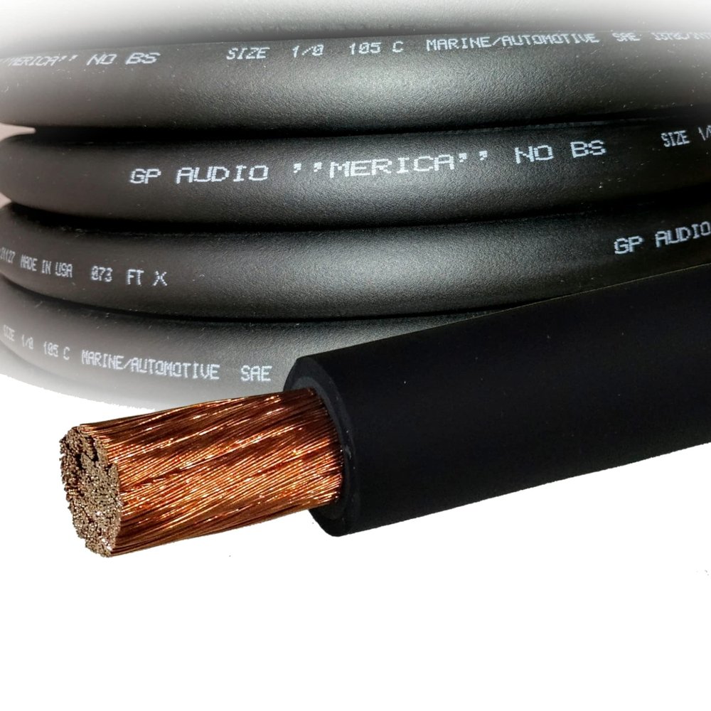 GP Audio 1/0 Pure Copper OFHC Battery cable - MADE IN THE USA - Black - 50' feet