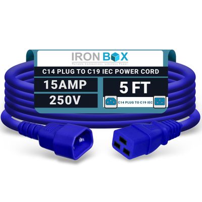 IronBox Electric - Heavy-Duty C14 to C19 Power Cord, 15A, 250V, 14/3 SJT - IEC60320 PC Cable for Computer Extensions, Monitor, PSU - C14 Male to C19 Female Connector Power Cable - (Blue 5 Foot)