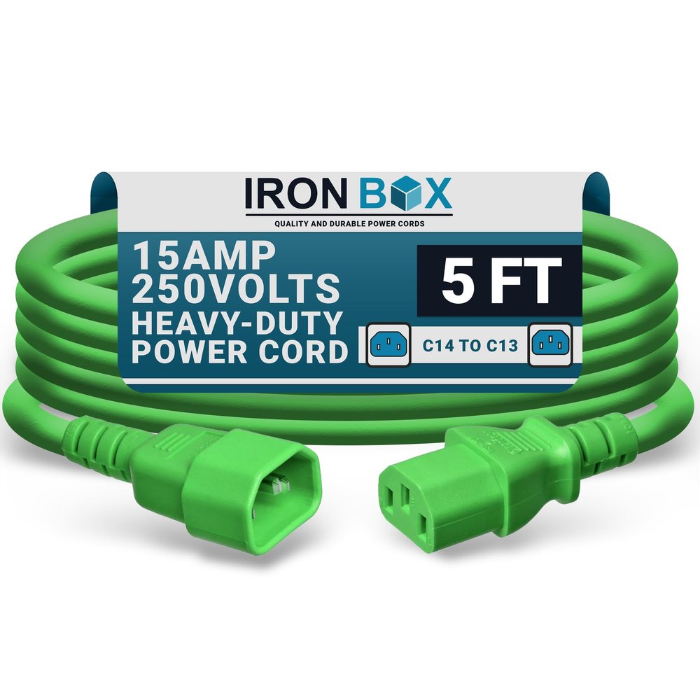 IronBox Electric - Heavy-Duty C14 to C13 Power Cord, 15A, 250V, 14/3 AWG Computer Extension Cable - PDU Power Cables for PC Adapter, Server Rack, Monitor (Green, 5 Foot)
