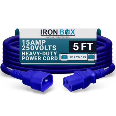 IronBox Electric - Heavy-Duty C14 to C13 Power Cord, 15A, 250V, 14/3 AWG Computer Extension Cable - PDU Power Cables for PC Adapter, Server Rack Cord, Monitor Cable Extender (Blue 5 Foot)