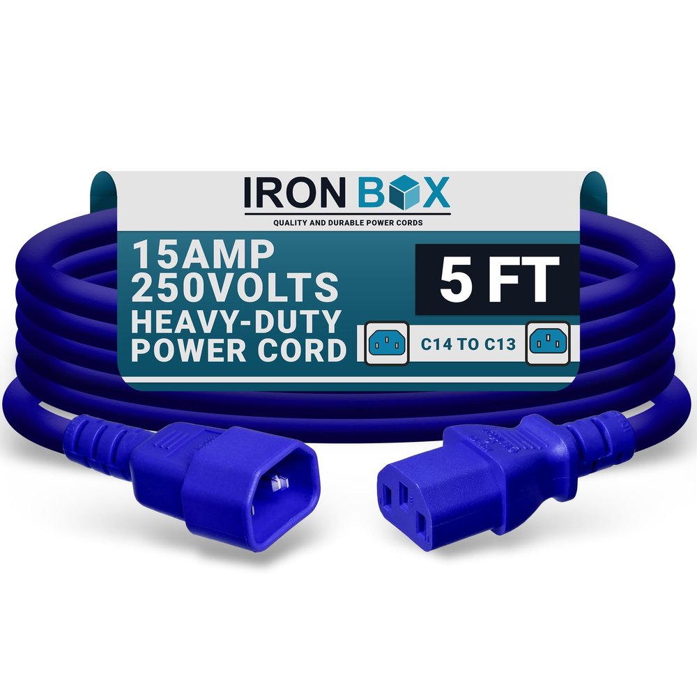 IronBox Electric - Heavy-Duty C14 to C13 Power Cord, 15A, 250V, 14/3 AWG Computer Extension Cable - PDU Power Cables for PC Adapter, Server Rack Cord, Monitor Cable Extender (Blue 5 Foot)