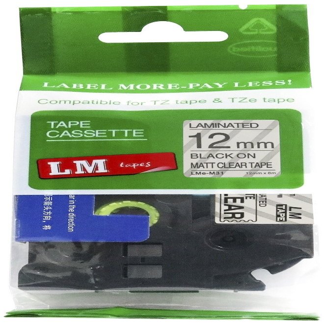 1/Pack LM Tapes - LMeM31 Premium 1/2" Black Print on Matte Clear Label Compatible with P-Touch TZe-M31 Tape TZ-M31 and Includes a Nice Tape Color/Size Guide. Replaces 12mm 0.47 Laminated