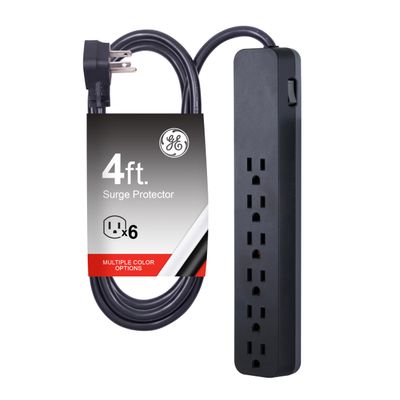 GE Surge Protector Power Strip, 4 Ft Extension Cord, 6 Outlet Extender, 840 Joules, Flat Plug, Wall Mount, Integrated Circuit Breaker, ETL Safety Listed, Black, 37051