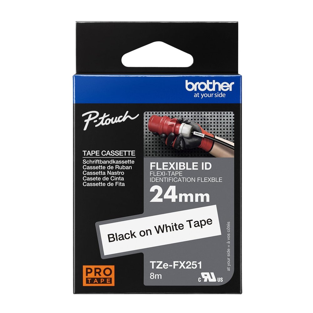 Brother Genuine Tze-FX251 Flexible ID Tape, Black On White, 24mm x 8m