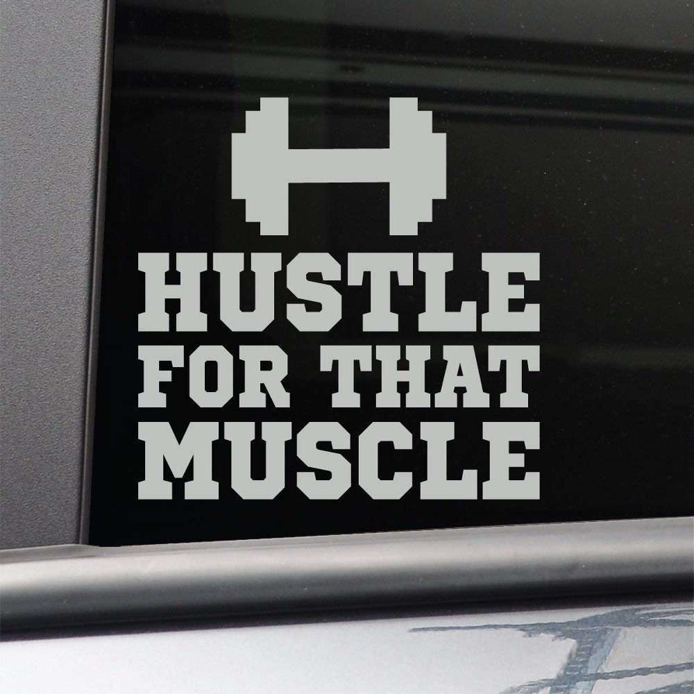Nashville Decals Hustle for That Muscle Gym Fitness Vinyl Decal Laptop Car Truck Bumper Window Sticker, 6.5" x 5.5", Gray