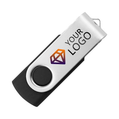 Custom Printed Black Swivel USB Flash Drive with Silver Metal Cover - 25 PCs (512MB)