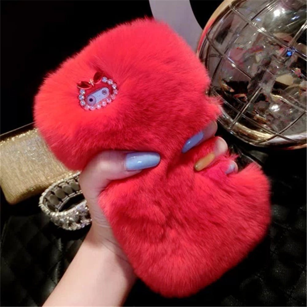 Case for Galaxy X Cover 4,Handmade Rex Rabbit Fur Hair Stylish Cute Fluffy Bling Crystal Rhinestone Soft Furry TPU Case for Samsung Galaxy X Cover 4 (Red)