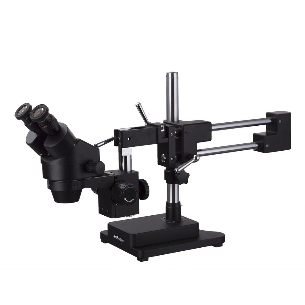 AmScope 3.5X-180X Binocular Stereo Zoom Microscope with Black Double Arm Boom Stand