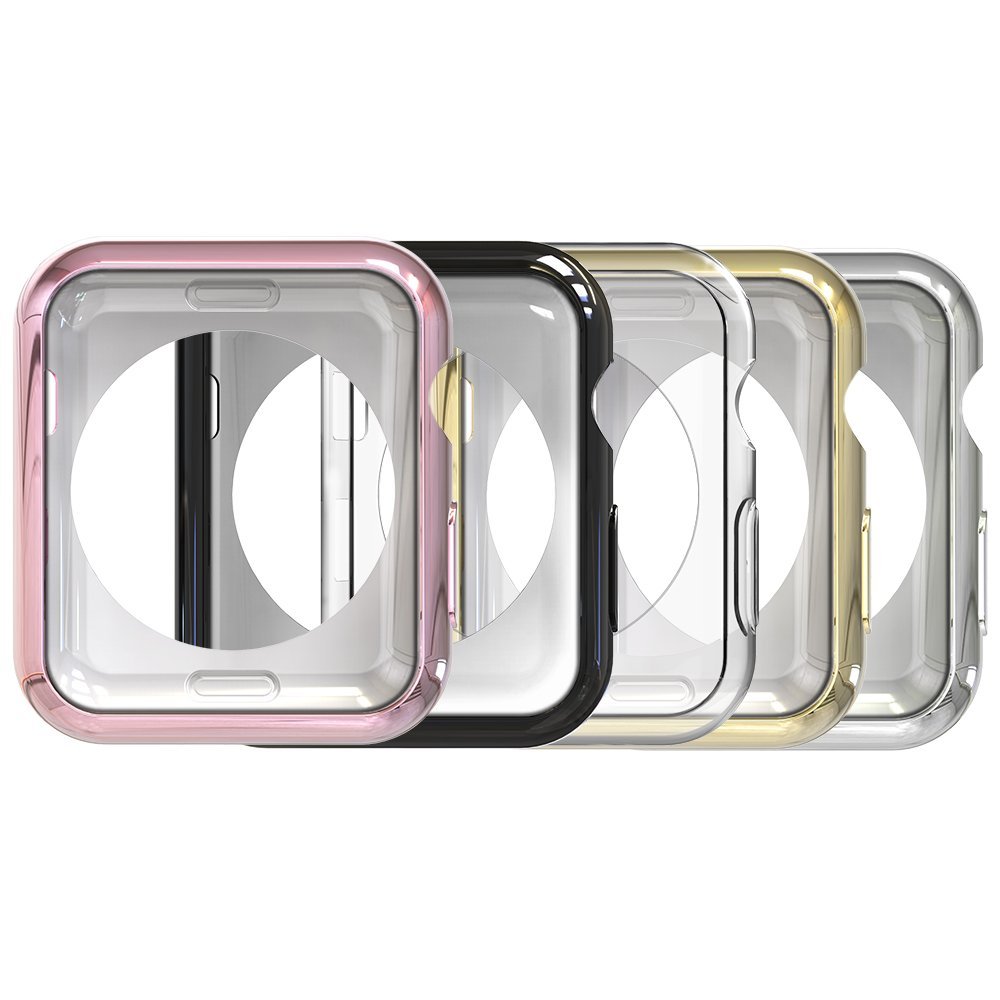 Simpeak 5PACK Soft Back Case Compatible with Apple Watch Series 9 8 7 (41mm 45mm) Series 6 SE 5 4(40mm 44mm) Series 3 2 (38mm 42mm),Clear/Black/Pink/Rose Gold/Silver, (No Screen) (38mm)
