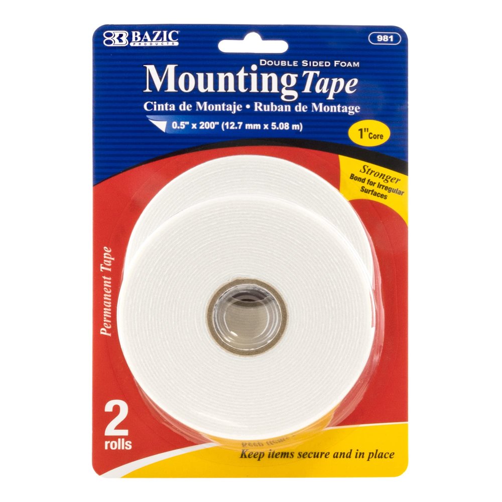BAZIC Products Double Sided Foam Mounting Tape 0.5" X 200", EVA Foam Solvent Based Adhesive for Art Crafts Card Making Projects Frame, Total 2-Count