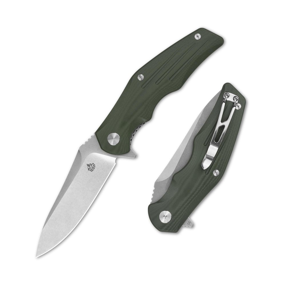 QSP Pangolin Folding Pocket Knife, 3.75" D2 Stonewash Blade EDC Knife, Green G10 Handle, Liner Lock, Ceramic Ball Bearings, SS Clip