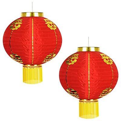 Luxtea 2 Pack Chinese Dragon Boat Festival Lanterns, 12" Red Silk Lunar New Year Decorations, Waterproof & Fade-Resistant Hanging Lanterns with Tassels for Wedding, Outdoor Garden & Home Decor