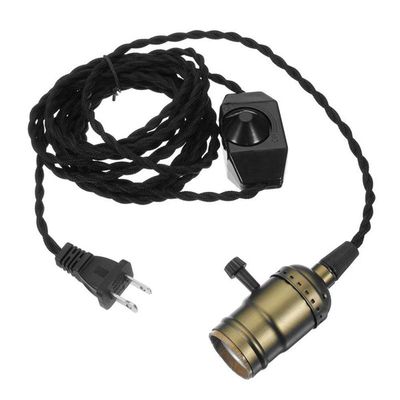 Single Vintage Bulb Cord Edison Socket lamp Plug Pendant Light with Dimmer,ZHMA Industrial DIY Lamp Holder E26/27 Base,4.5M(14.8FT) Twisted Black Cloth Cord Hanging Light Fixture(with Swith and Plug)