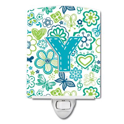 Caroline's Treasures CJ2006-YCNL Letter Y Flowers and Butterflies Teal Blue Ceramic Night Light, 6x4x3, Multicolor